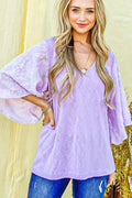 Feather Detailed 3/4 Sleeve Slub Top
