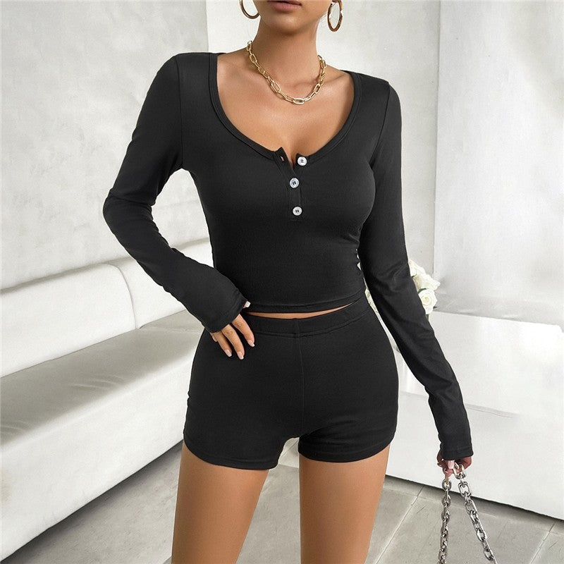 Solid Color Slim Fit Long Sleeve Top and Trousers Ensemble