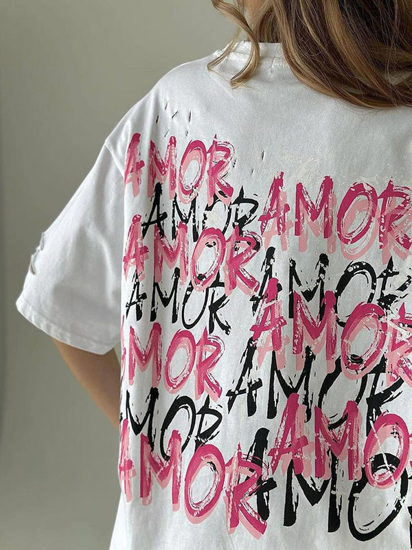 Loose Short Sleeves Contrast Color Hollow Letter Print Round-Neck T-Shirts Tops