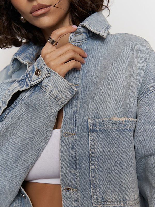 Long Sleeves Loose Buttoned Hollow Pockets Split-Joint Lapel Jackets