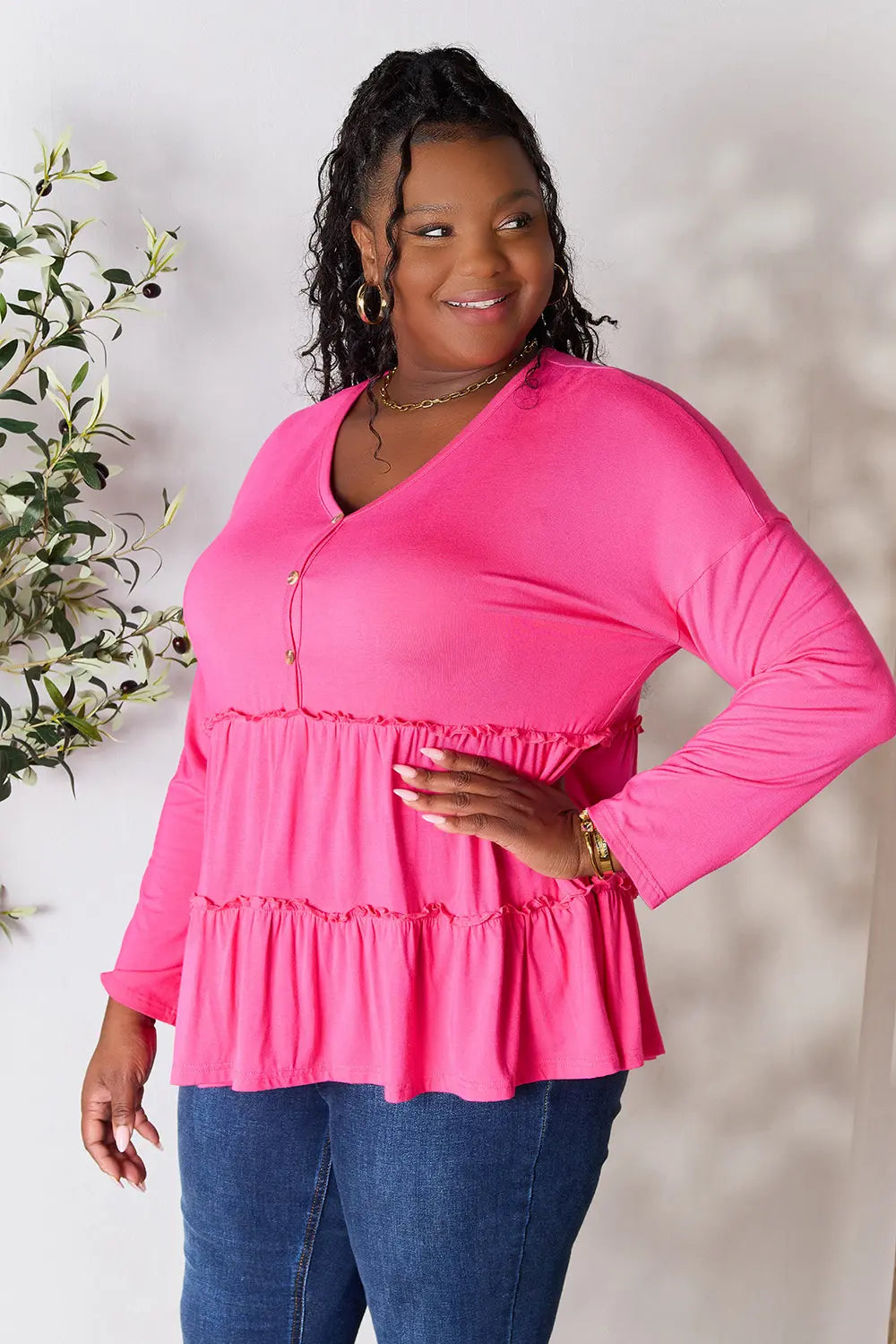 I am a Fashion Junky Take Half Button Long Sleeve Ruffle Hem Blouse