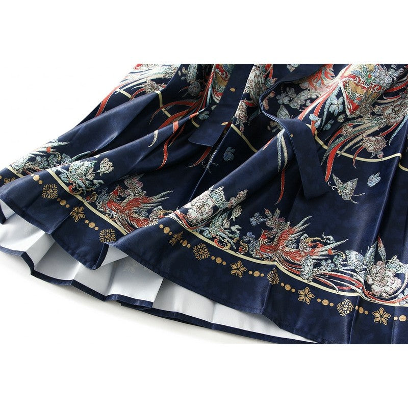 Phoenix Print Pleated Skirt with Chinese Style Waist Tie