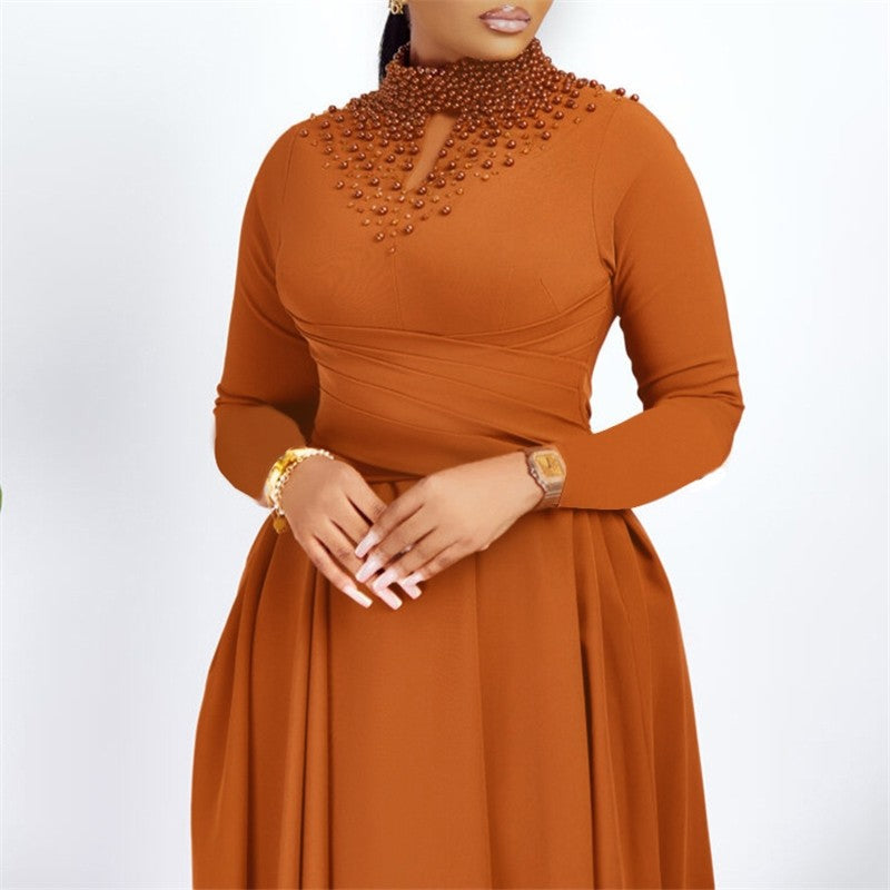 Chic High Neck Beaded Waist Ball Gown Dress for a Flattering Silhouette