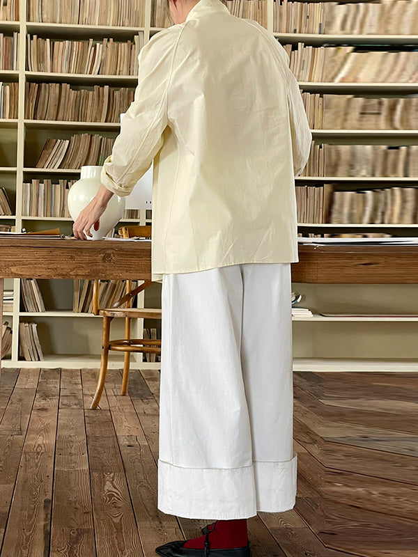 Long Sleeves Loose Solid Color Split-Joint Streamer High Neck Blouses