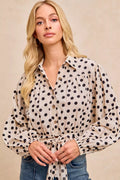 Polka Dot Print Tie Hem Detail Crop Shirt