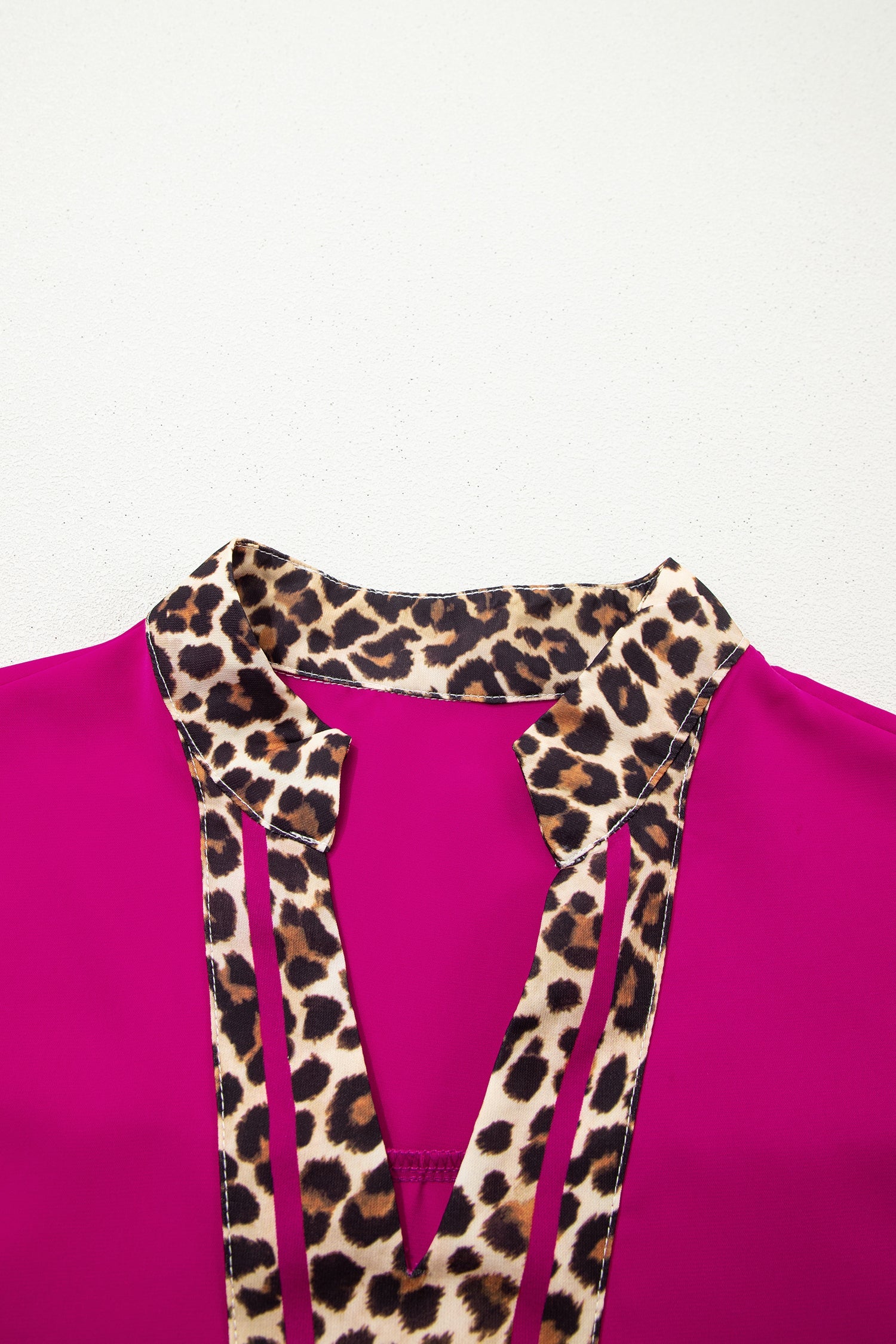 Violet Leopard Patchwork Trim Split Neck Short Sleeve Blouse