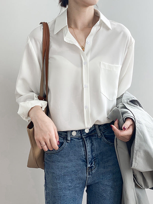 Urban Solid Color Lapel Long Sleeves Blouse