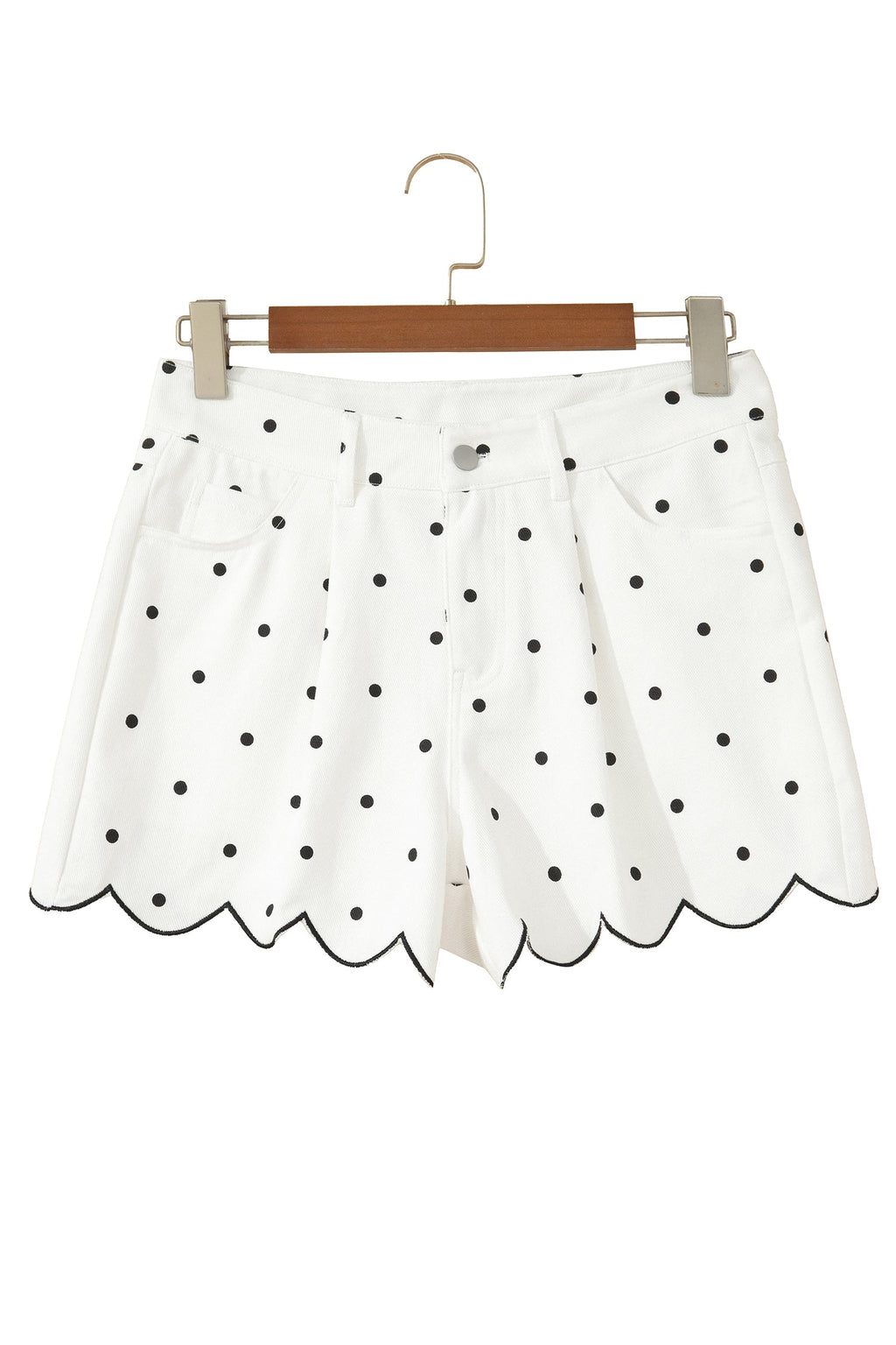 White Polka Dot Print Embroidered Scallop Hem Shorts