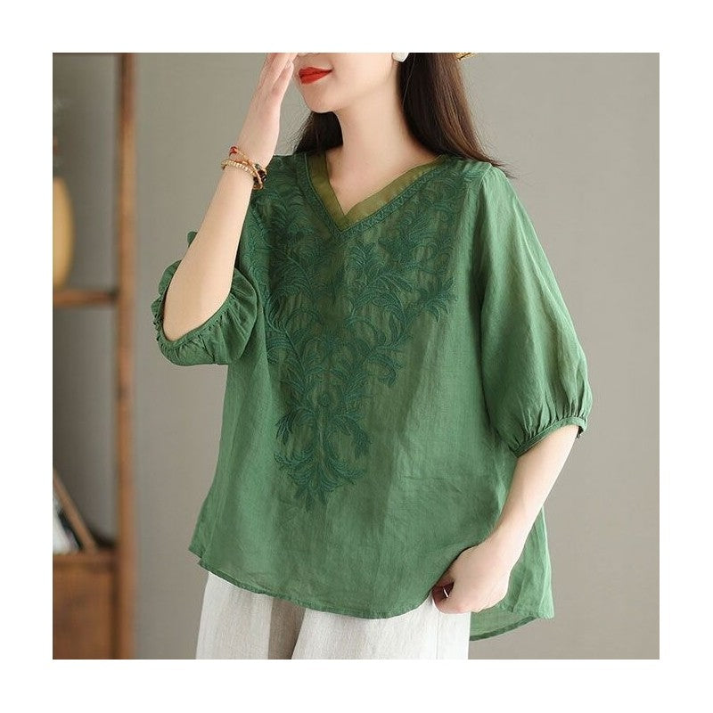 Casual V-Neck Embroidered Cotton-Linen Shirt with Heavy-Duty Construction
