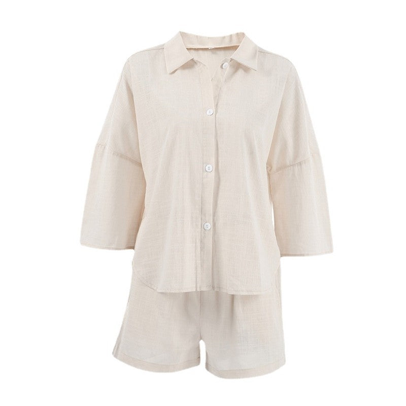 Cotton Linen Women's Seven-Quarter Sleeve Top and Shorts Pajama Set