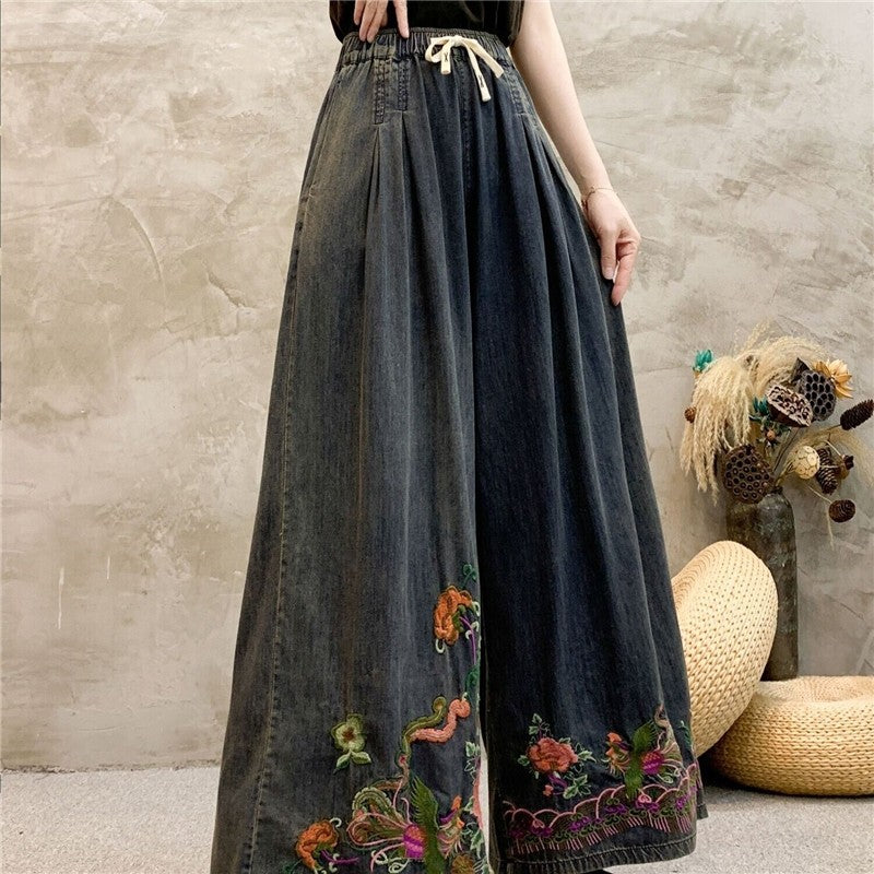 Wide Leg High Waist Embroidered Tie-Waist Pants