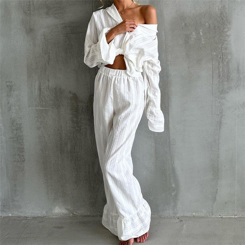 Ruffle Hem Long Sleeve Top and Pants Lounge Set