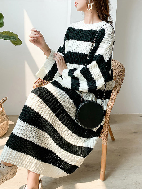 Stylish Loose Striped Round-Neck Sweater Dresses