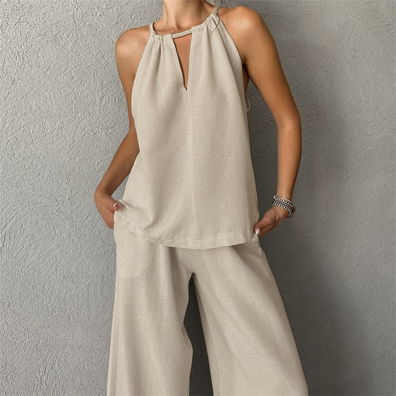 Sleeveless Top and Pants Pajama Set in Solid Color