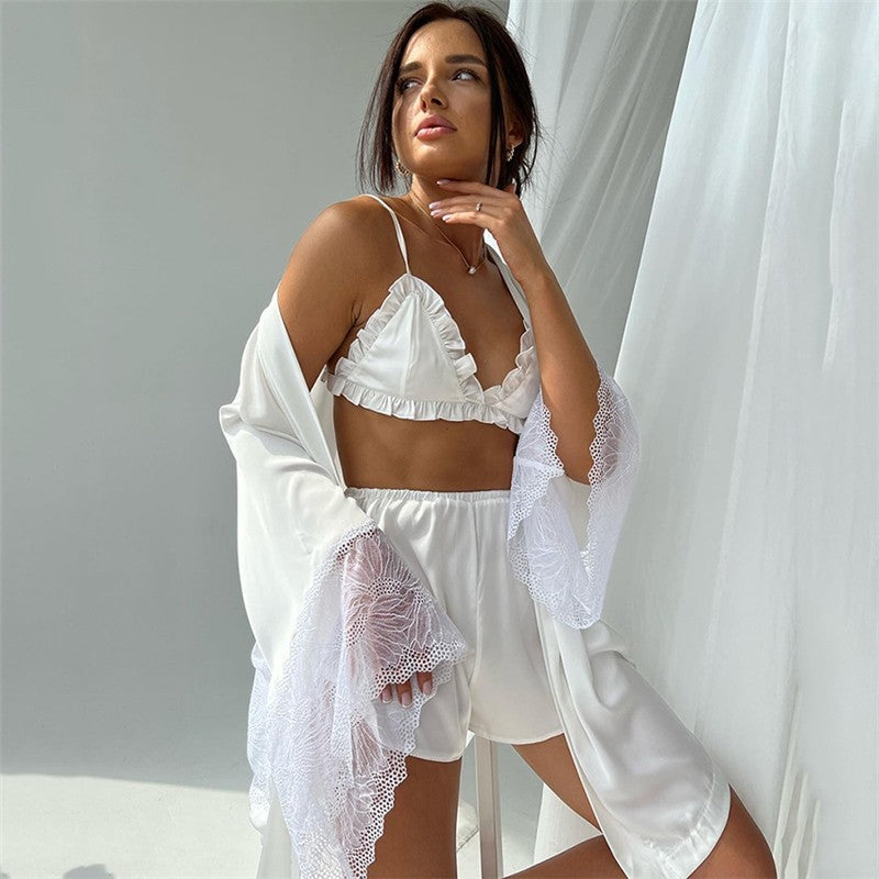 Lace-Trimmed Lingerie Set with Matching Robe and Shorts