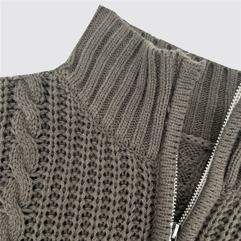 Half Zip, Half High Neck Sweater With Contrasting Colors