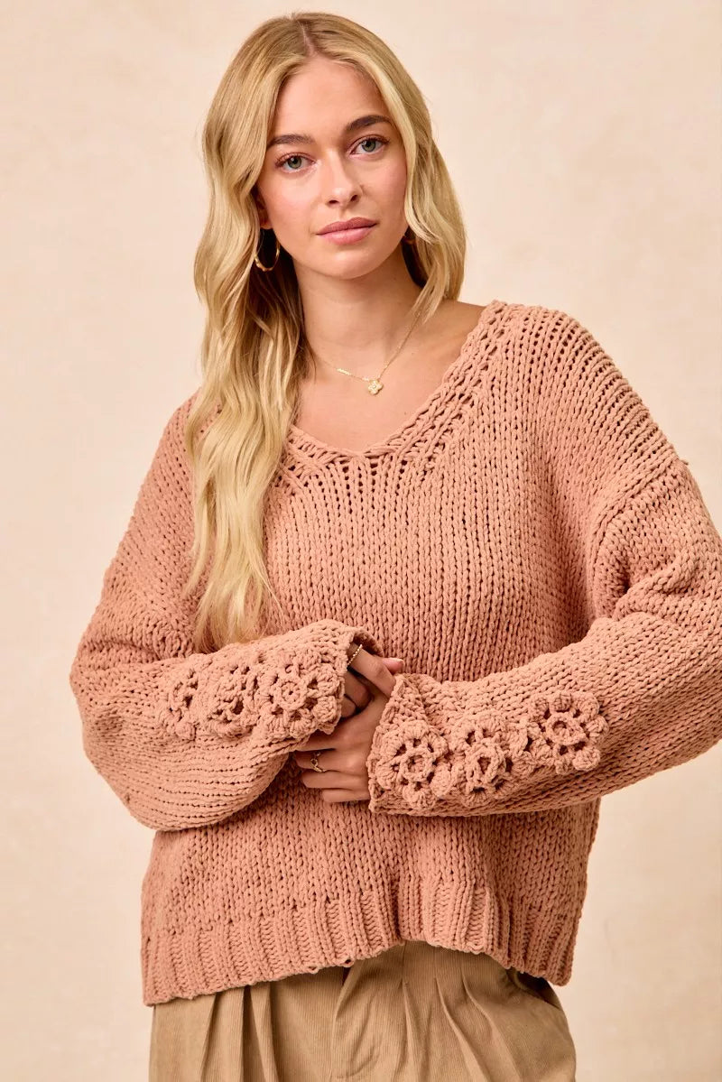 Chunky Knit Sweater with Flower Detail Sleeves