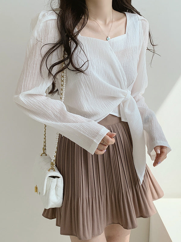 Original Solid Color Square-Neck Long Sleeves Tied Blouse