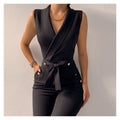 Solid Color V-Neck Sleeveless Jumpsuit - Professional Chic