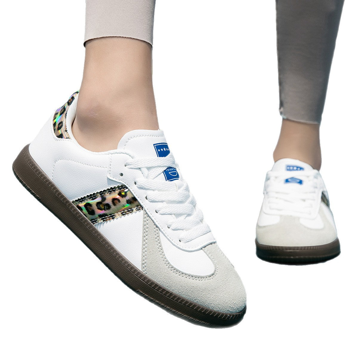 Women's Leopard Print Lace-Up Casual Sneakers | Color-Block Low-Top Flat Shoes