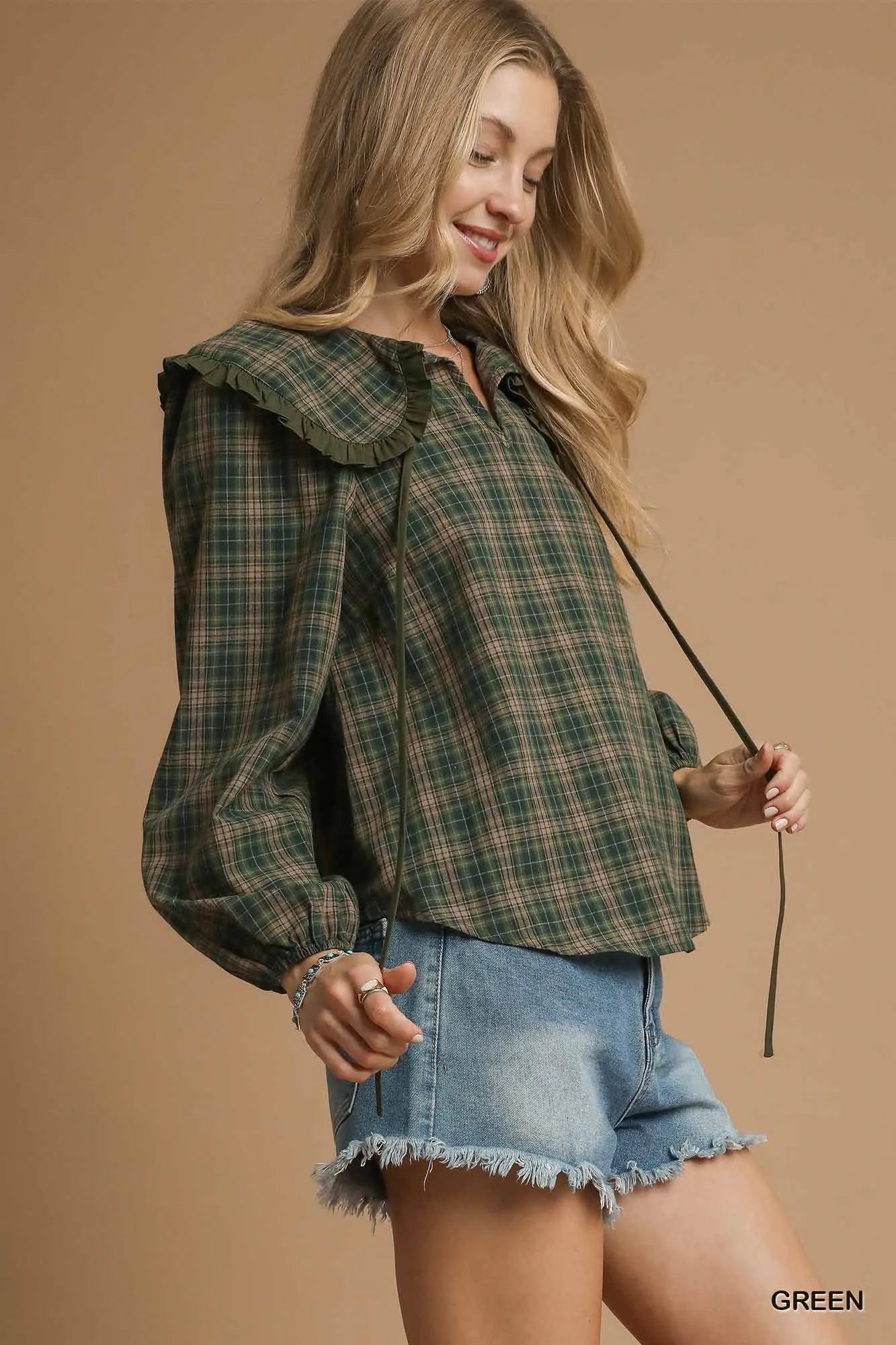 Full Size Plaid Ruffle Collar Blouse Plus Size
