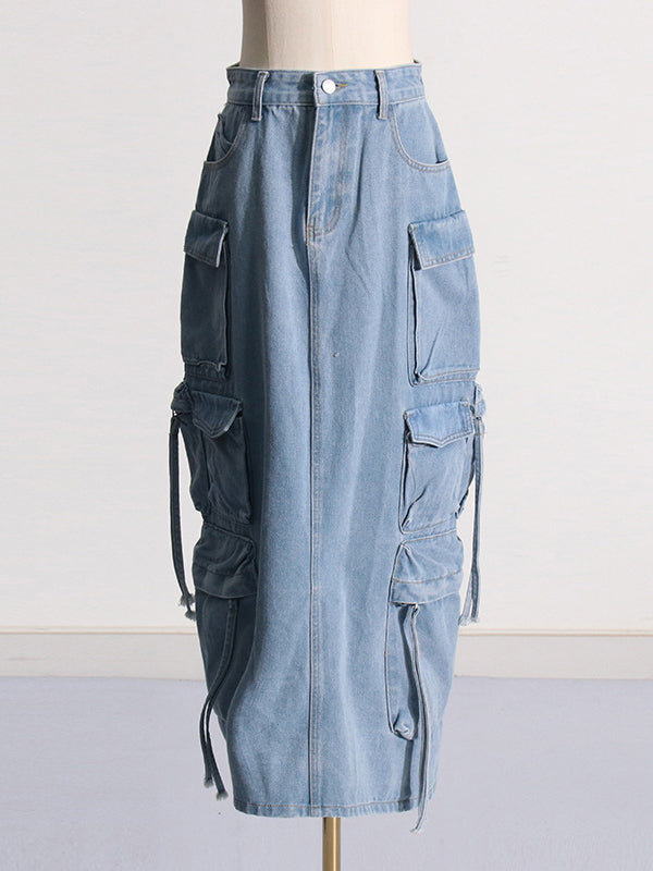 High Waisted Loose Buckle Split-Back Split-Joint Streamer Zipper Skirts