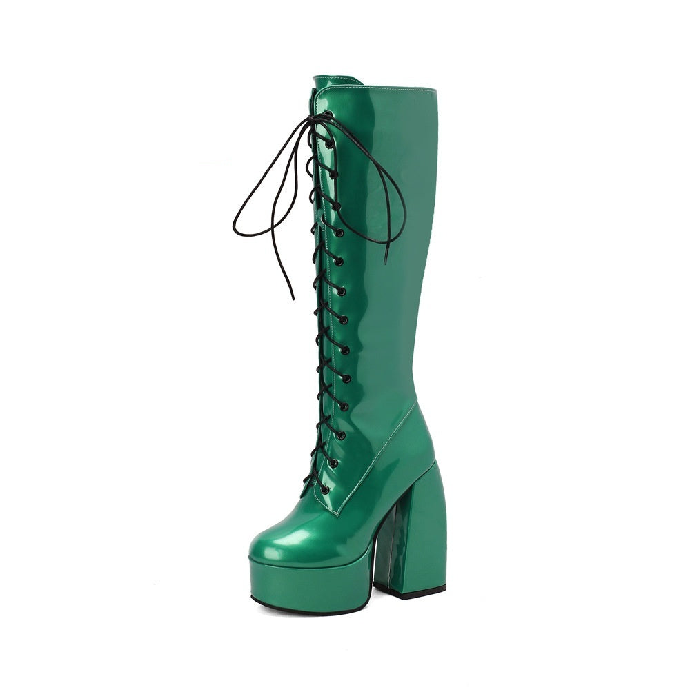 Women's Patent Leather Over-the-Knee Boots | Chunky Heel Round Toe Side Zipper