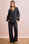Two Tone Cord Rib Contrast Stitching V-Neck Top and Pants Set
