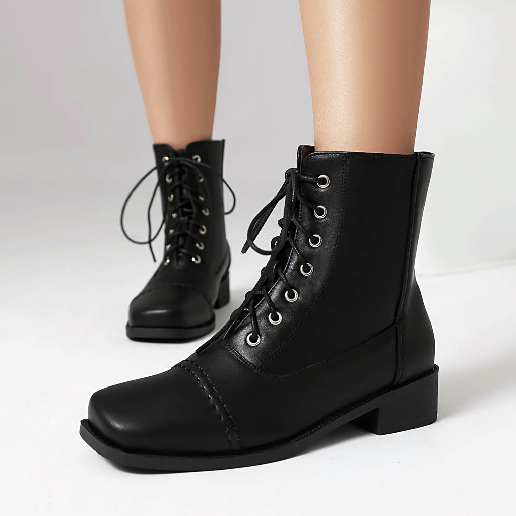 Women's Lace-Up Square-Toe Motorcycle Boots | Low Heel Outdoor Ankle Boots