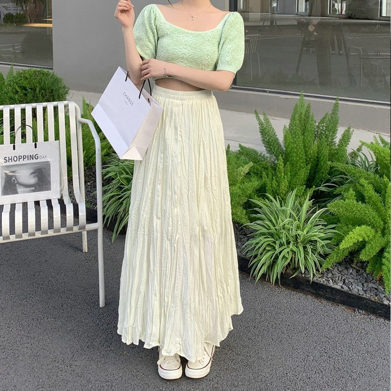 Sure! Here is an optimized title for your clothing product in English:

"Chic Solid Color Elastic Waist Pleated A-Line