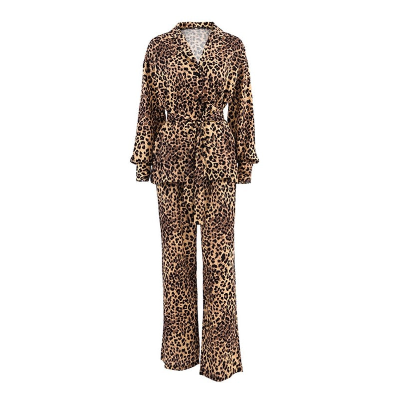 Leopard Print Long Sleeve Lapel Blouse with Waist Tie and Matching Pants Set - Loungewear Pajama Suit