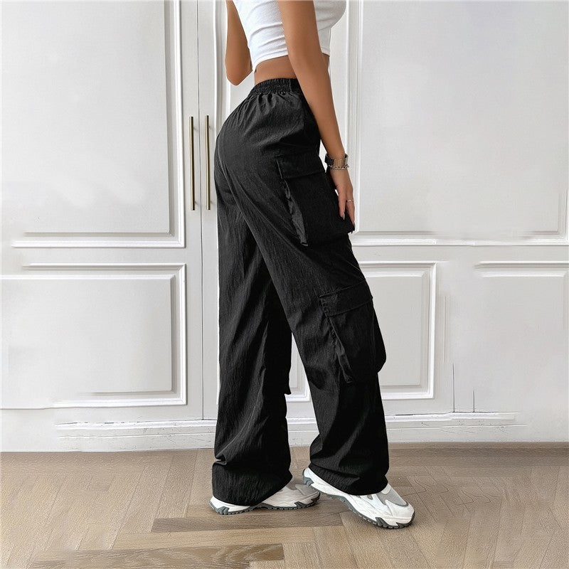 Casual Loose Cargo Pants with Elastic Waistband in Solid Color