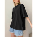 Casual Loose Crewneck T-Shirt with Side Slit - Solid Color