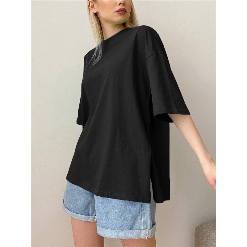 Casual Loose Crewneck T-Shirt with Side Slit - Solid Color