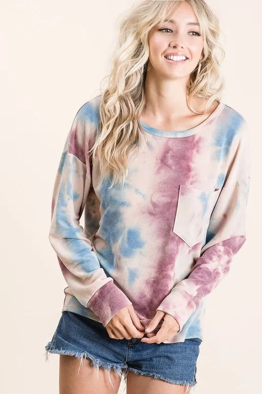Tie Dye Print Terry Top With Front Patch Pocket