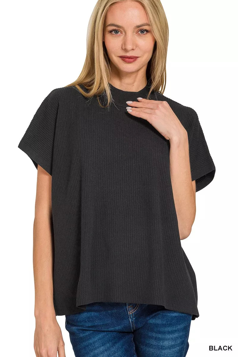 Viscose Mock Neck Short Sleeve Boxy Sweater