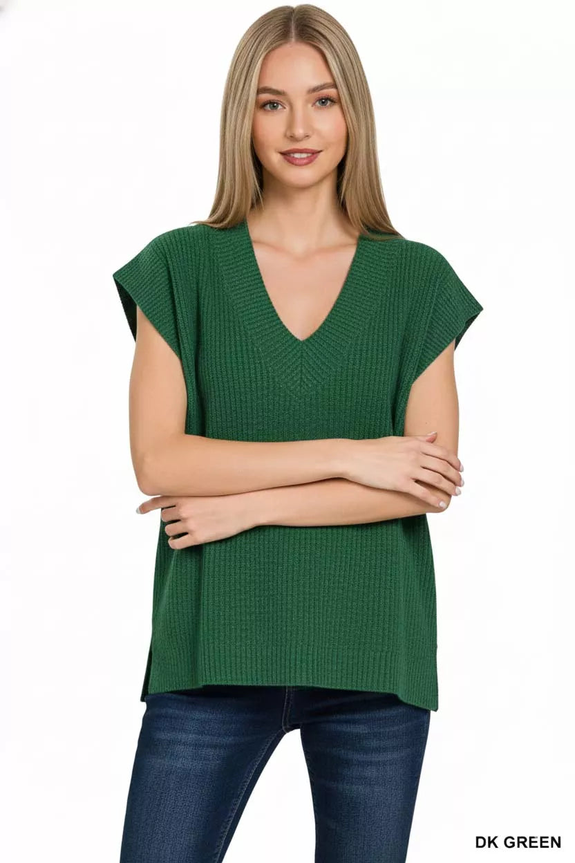 Ribbed Slit V-Neck Sweater Vest