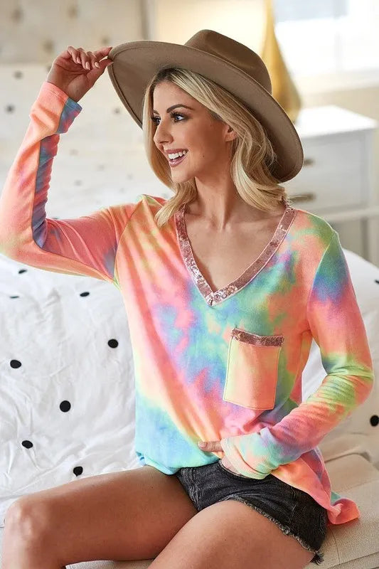 Tie Dye V-neck Terry Knit Top With Sequins