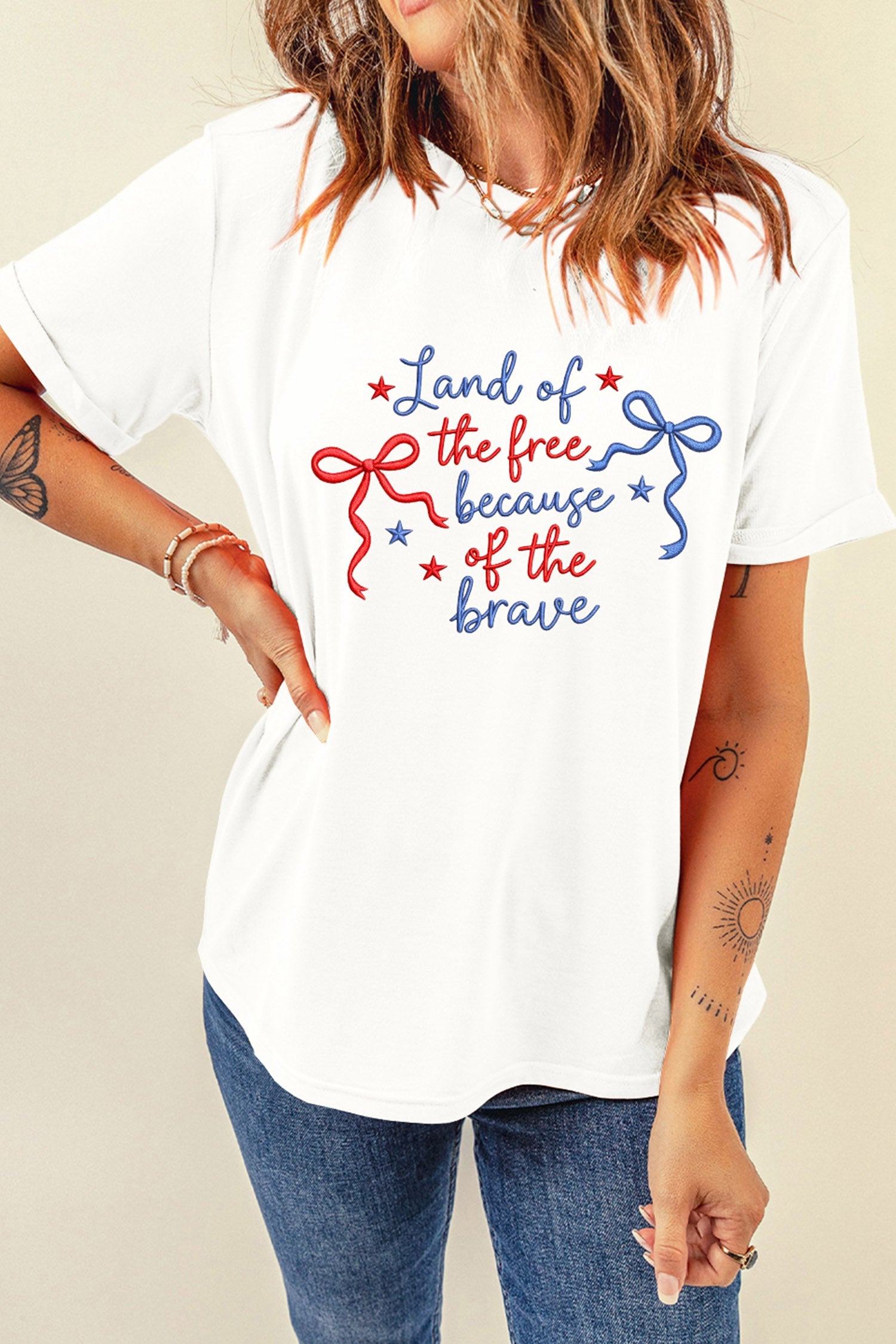 White Land of the free because of the brave Embroidered T Shirt