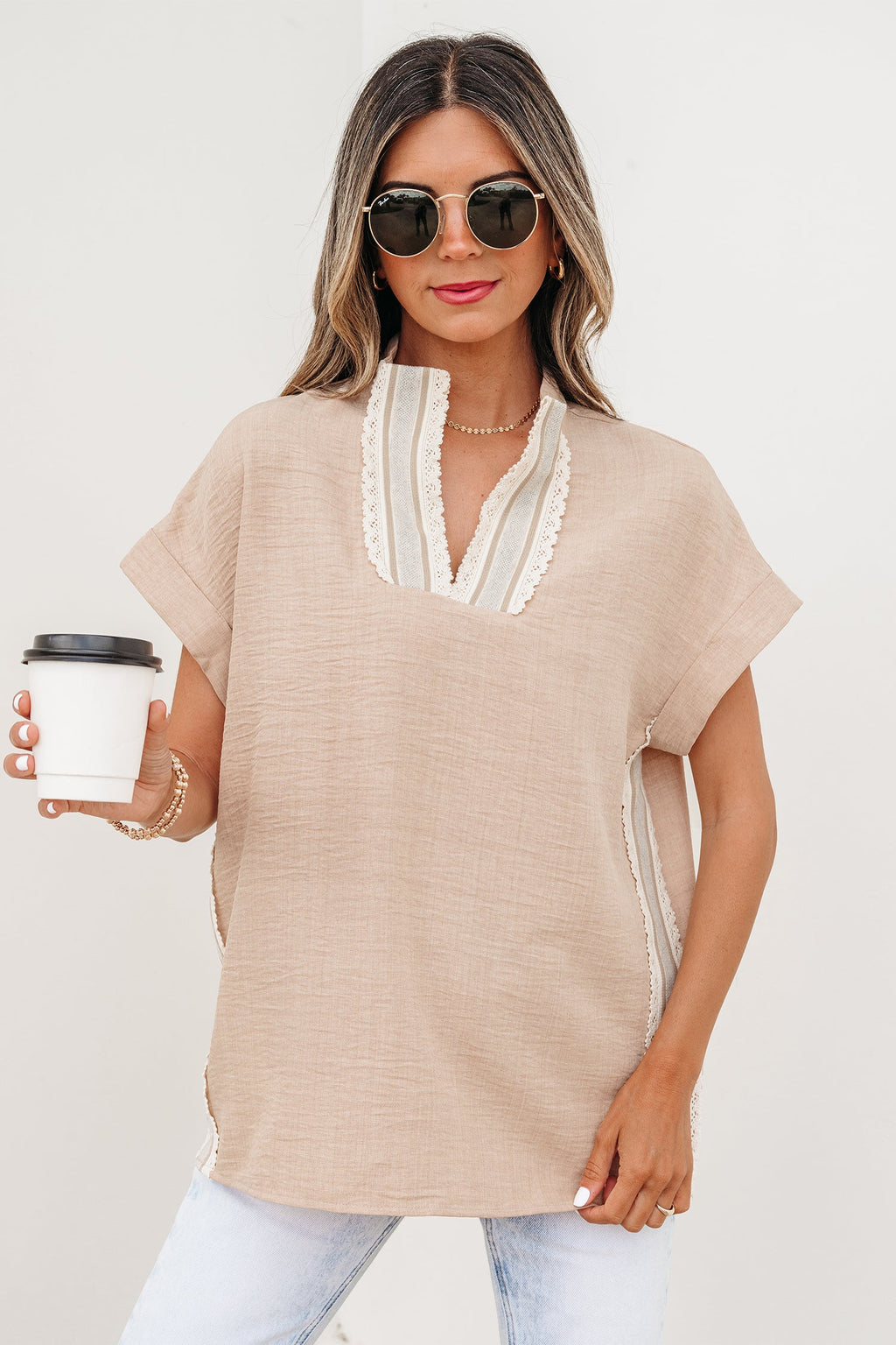 Parchment Crochet Lace Accent Pullover Rolled Short Sleeve Blouse