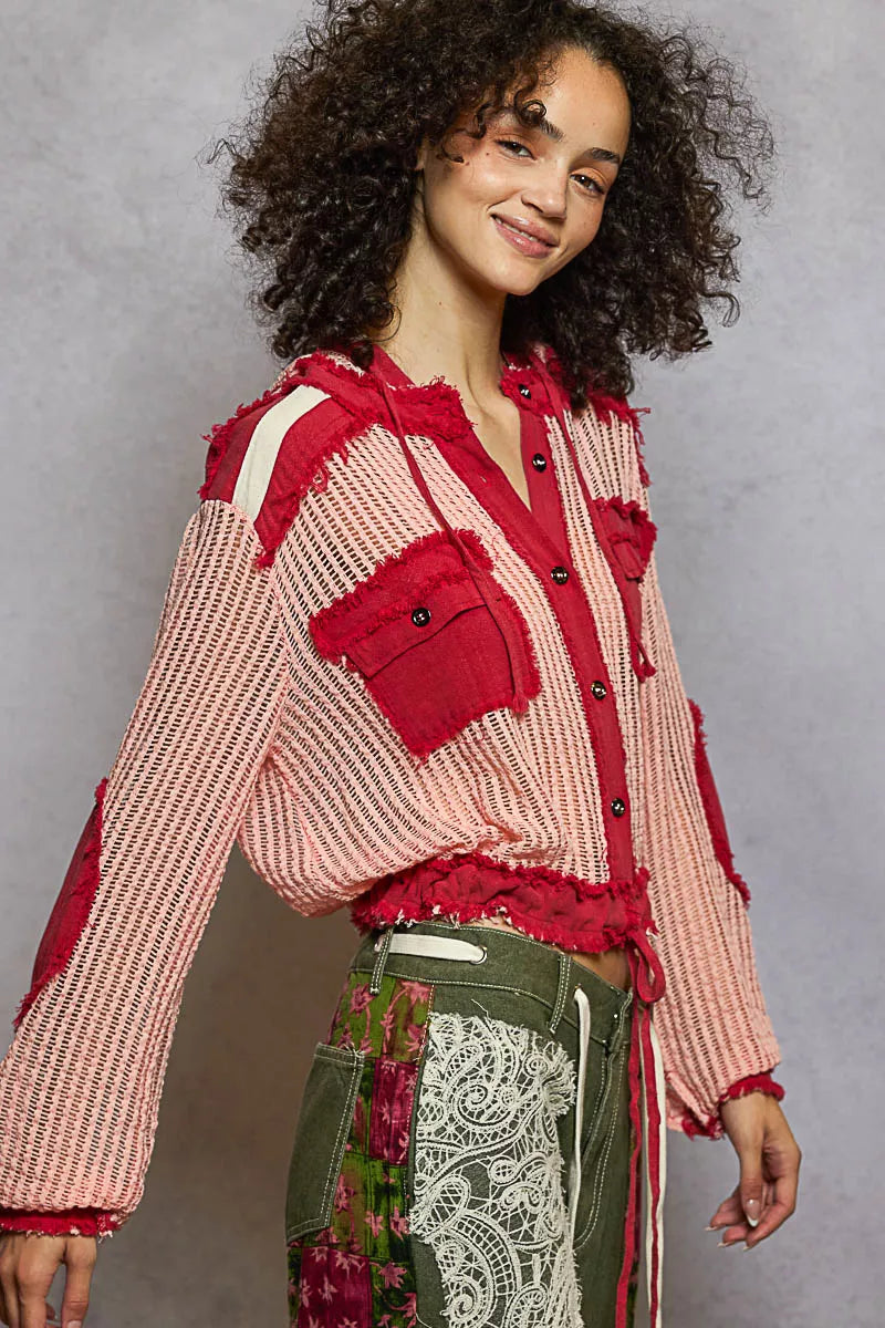 Texture Woven Button Down Hooded Shirt with Drawstring Hem