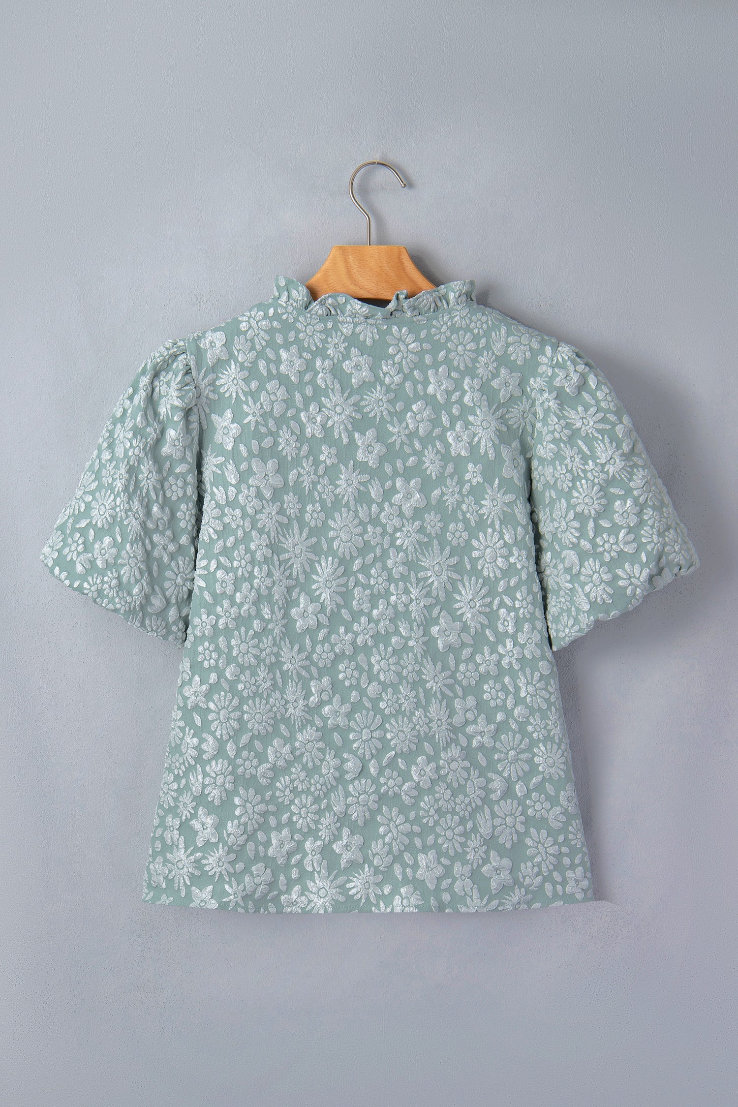 Iceland Blue Floral Textured Jacquard Puff Sleeve Blouse