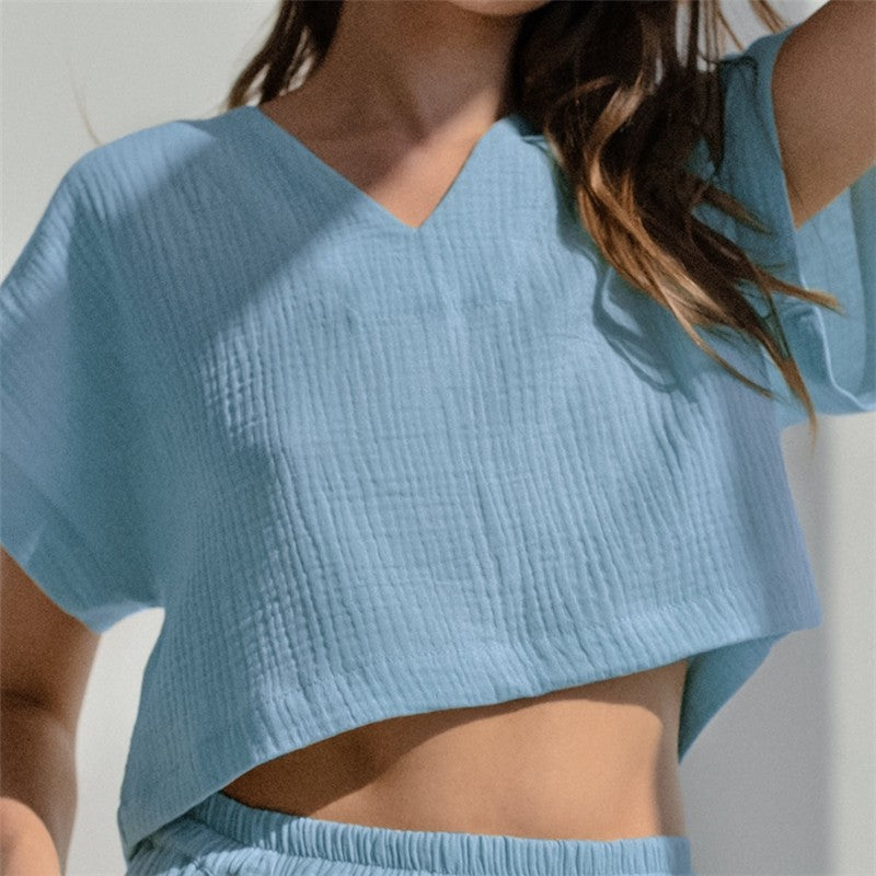 Solid Color Short Sleeve V-Neck Top and Pants Two-Piece Loungewear Set