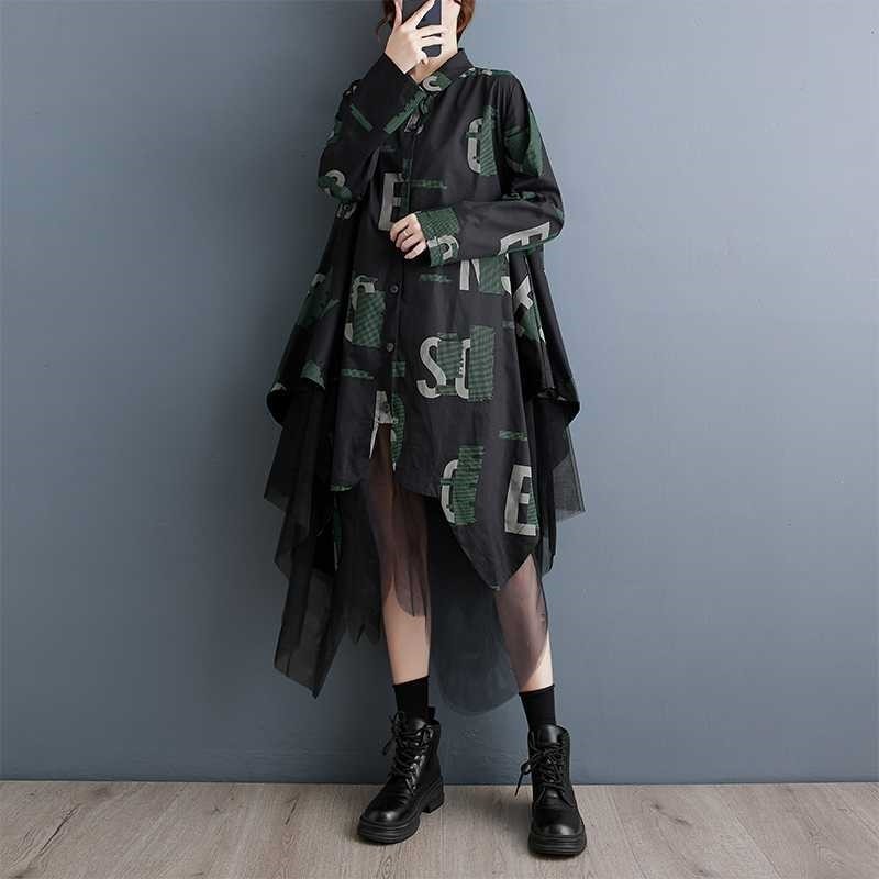 Loose Plus Size Mesh Splice Mid-Length Long Sleeve Dress