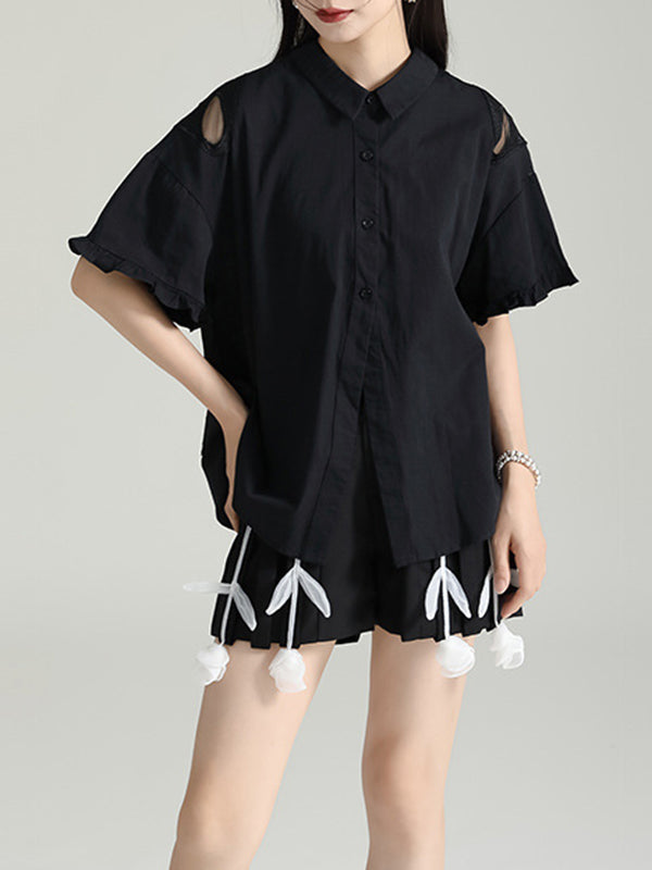 Half Sleeves Loose Buttoned Mesh Reversible See-Through Split-Back Split-Joint Lapel Blouses&Shirts Tops