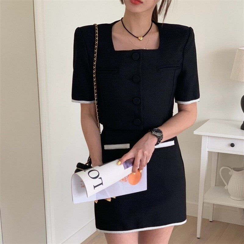 Stylish Ensemble featuring Color-Blocked Jacket and A-Line Skirt