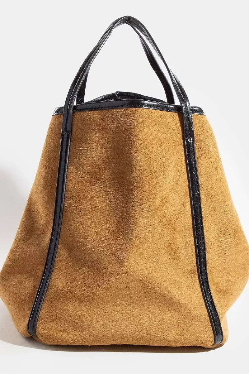 Suede Tote Faux Leather Trim Shoulder Strap