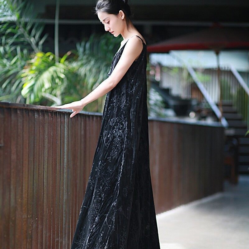 Velvet Printed Camisole Dress in Solid Color