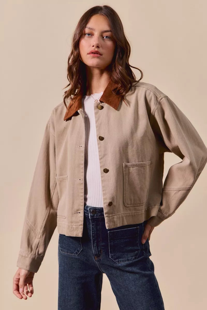 Cotton Twill Cropped Barn Jacket wtih Collar