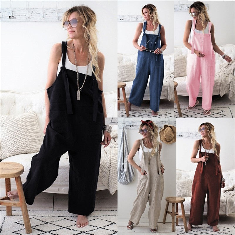Casual Loose Solid Color Sleeveless Pockets Jumpsuits